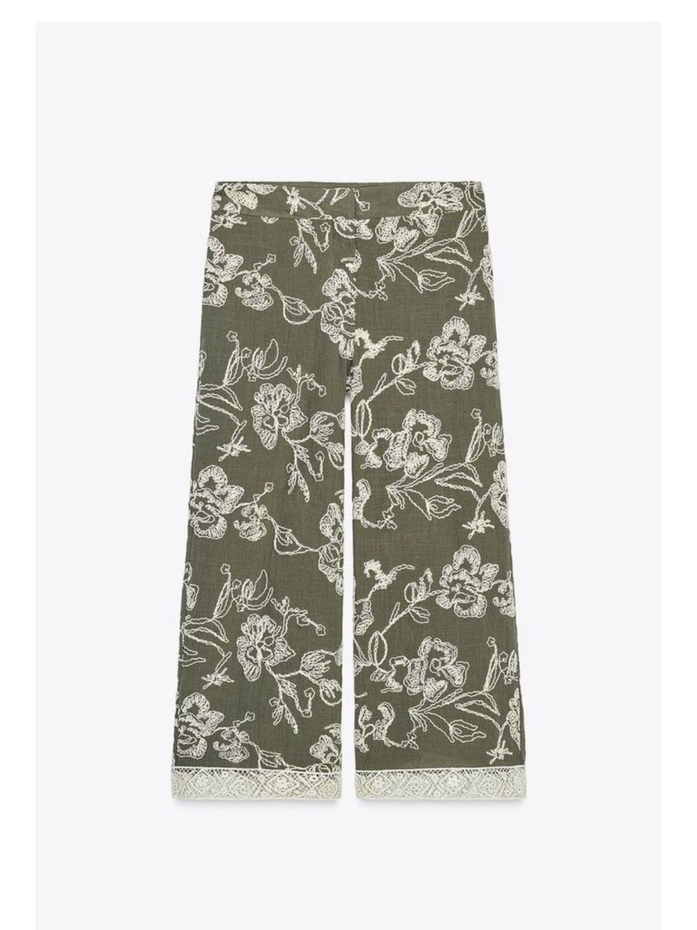 Zara Embroidered Floral Wide Leg Pants Khaki High Rise Cotton Blend Size L